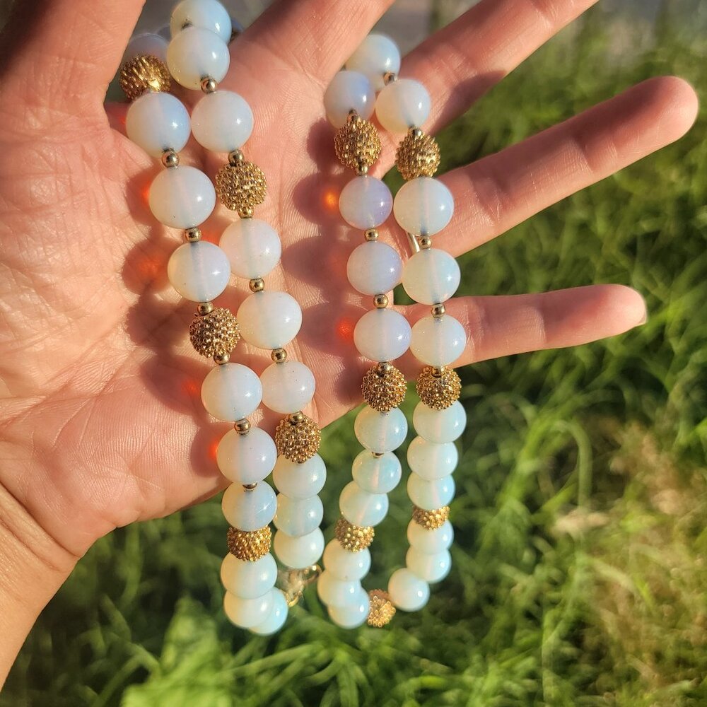 RARE HTF NAPIER moonglow opalite dotted gold round heavy long necklace